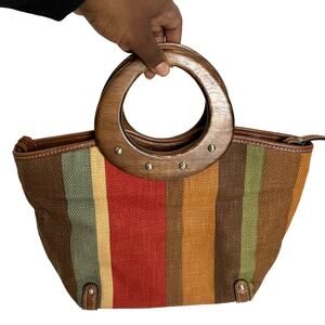 Fossil Multi Colored Striped Leather Trim Wood Handle Satchel Purse